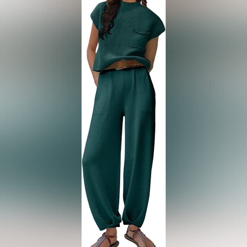 Women's Two-Piece Sweater Set - Knit Pullover Top High-Waist Pants - Green - S - Picture 3 of 12